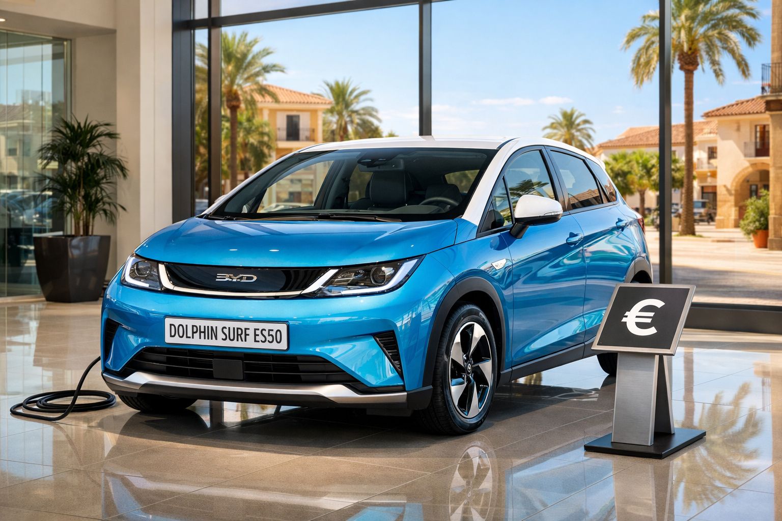 Carro elétrico azul BYD Dolphin Surf ES50 em exposição numa sala com janelas grandes e plantas.