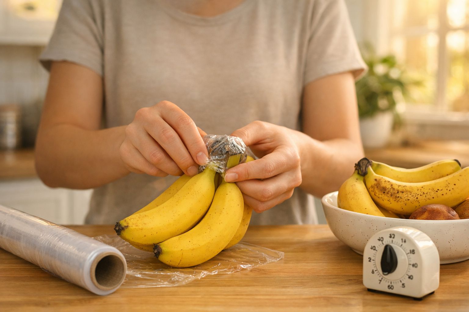 Pessoa a embrulhar um cacho de bananas com plástico filme numa cozinha, sobre uma mesa de madeira.