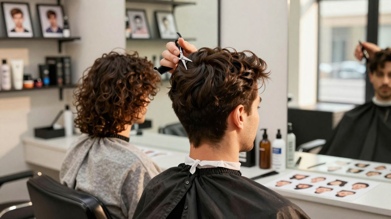 Homem a cortar o cabelo sentado numa cadeira de cabeleireiro com espelho à frente e outra pessoa ao lado.