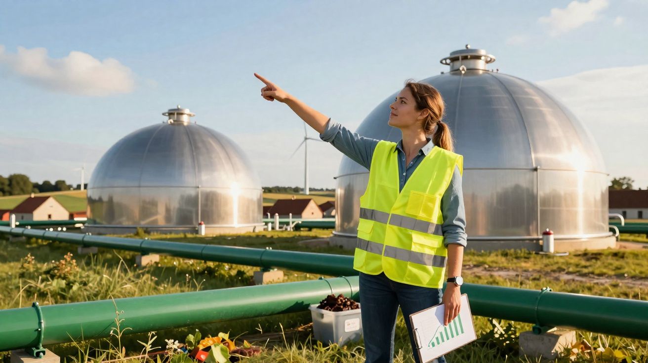 Mulher com colete refletor aponta para frente em estação industrial com tanques metálicos e tubagens verdes.