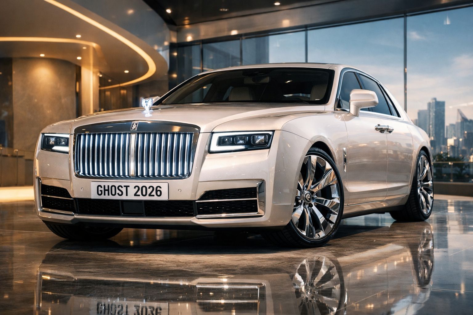 Carro luxuoso Rolls-Royce Ghost 2026 branco estacionado num espaço moderno com iluminação suave.