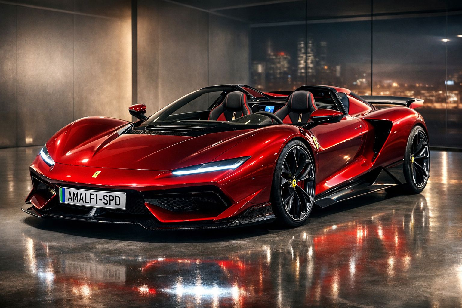 Carro desportivo conversível vermelho brilhante estacionado em piso interior reflexivo à noite.