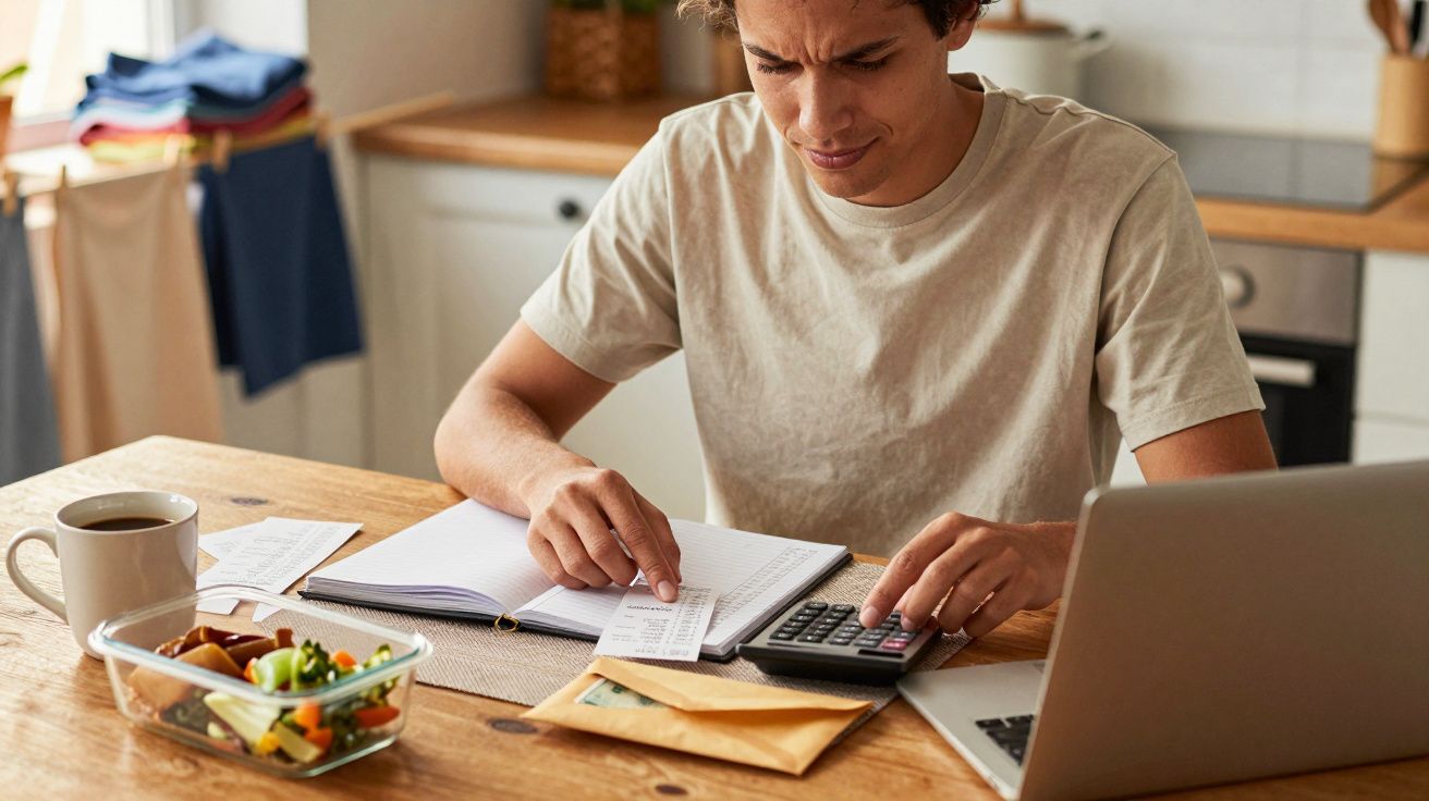 Pessoa jovem a calcular despesas em casa com caderno, calculadora, envelope e portátil numa mesa de madeira.