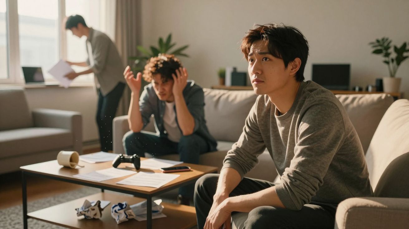 Três jovens em sala de estar, dois preocupados e um pensativo, com mesa e objetos espalhados.