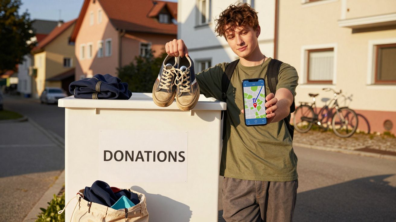 Jovem junto a contentor de doações com sapatos na mão e telemóvel a mostrar localização num bairro residencial.