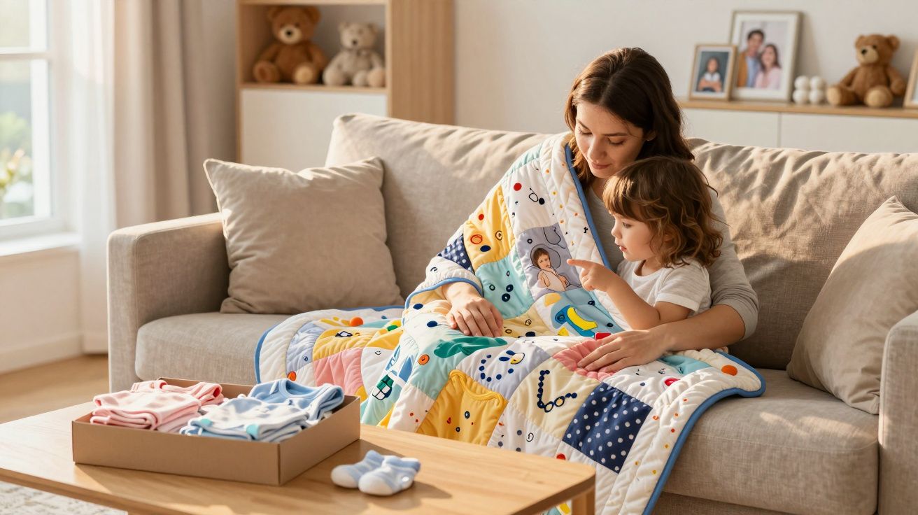 Mãe e filho sentados no sofá, abraçados com uma manta colorida, com roupas de bebé numa caixa à frente.