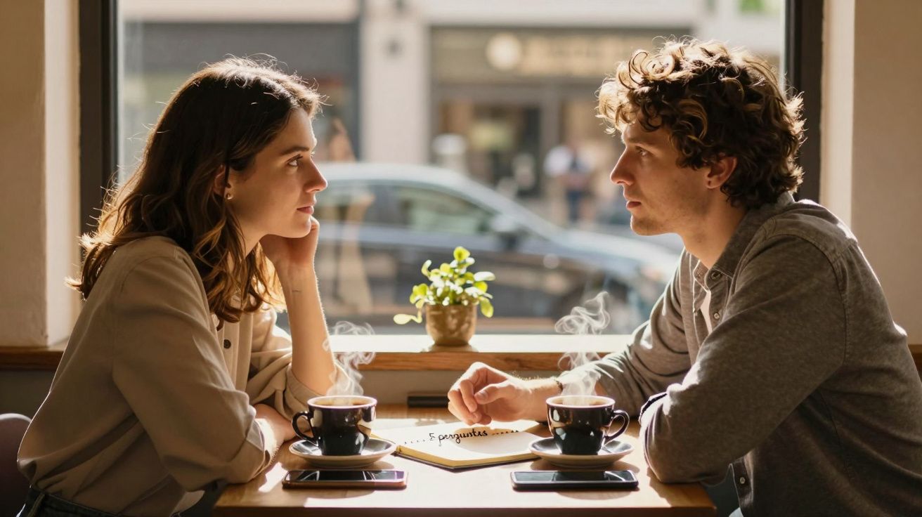 Duas pessoas sentadas frente a frente numa mesa de café com chá quente e caderno entre elas.