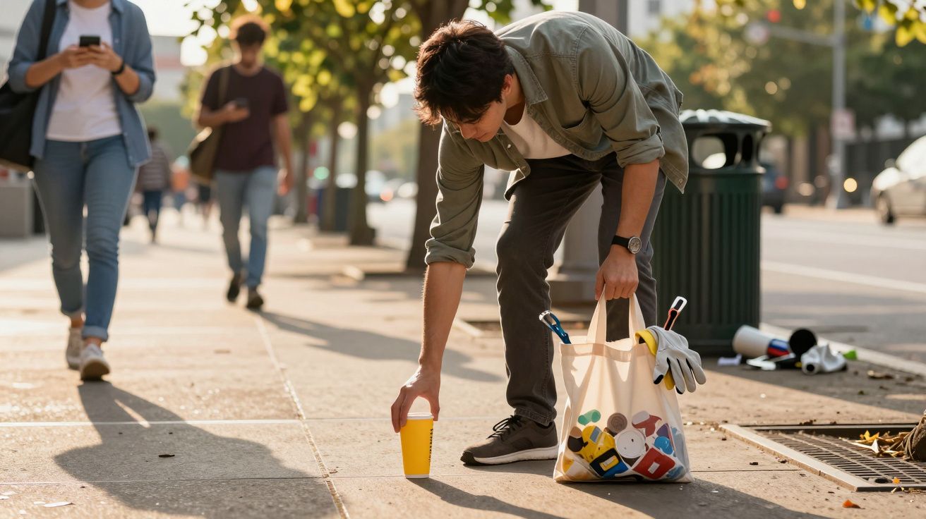 Pessoa jovem apanha um copo amarelo do chão numa calçada urbana durante o dia.