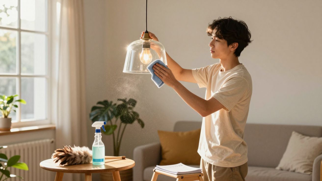 Pessoa a limpar uma candeeiro pendente de vidro numa sala de estar bem iluminada durante o dia.
