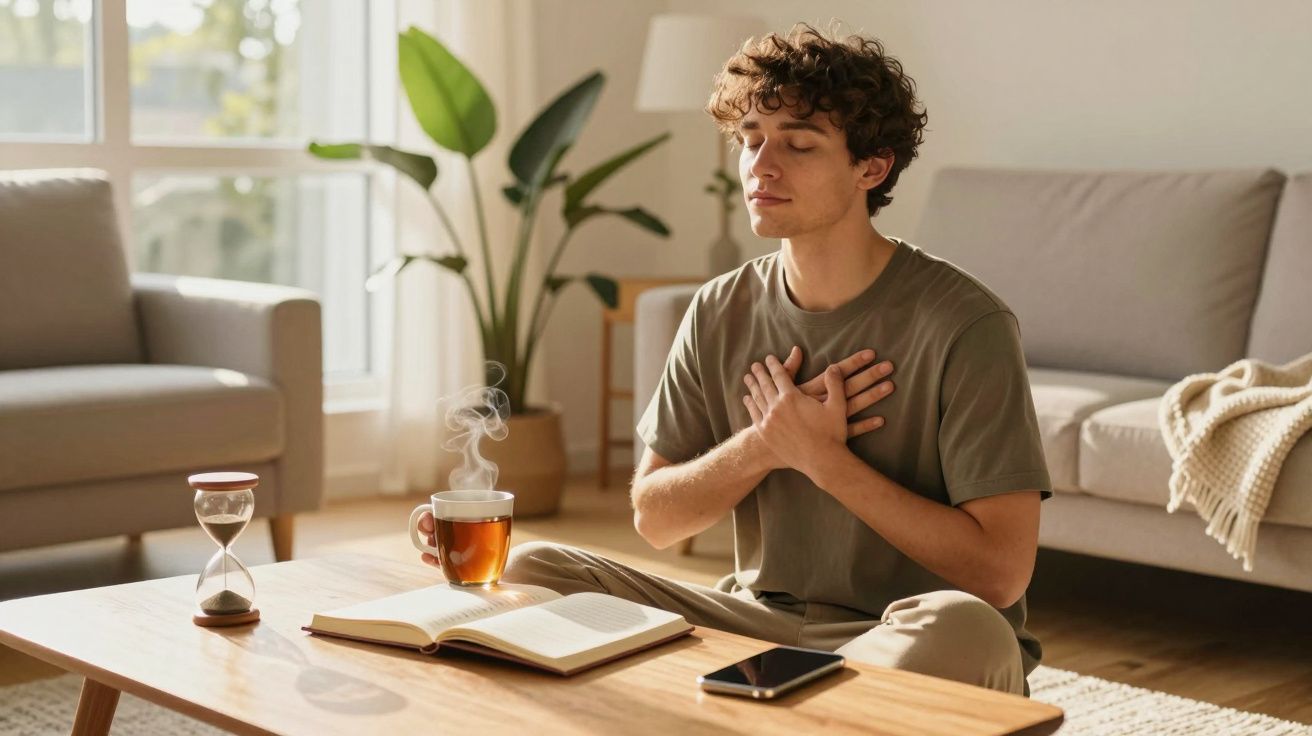Homem jovem sentado no chão da sala, com olhos fechados e mãos no peito, rodeado por livro, chá e smartphone.