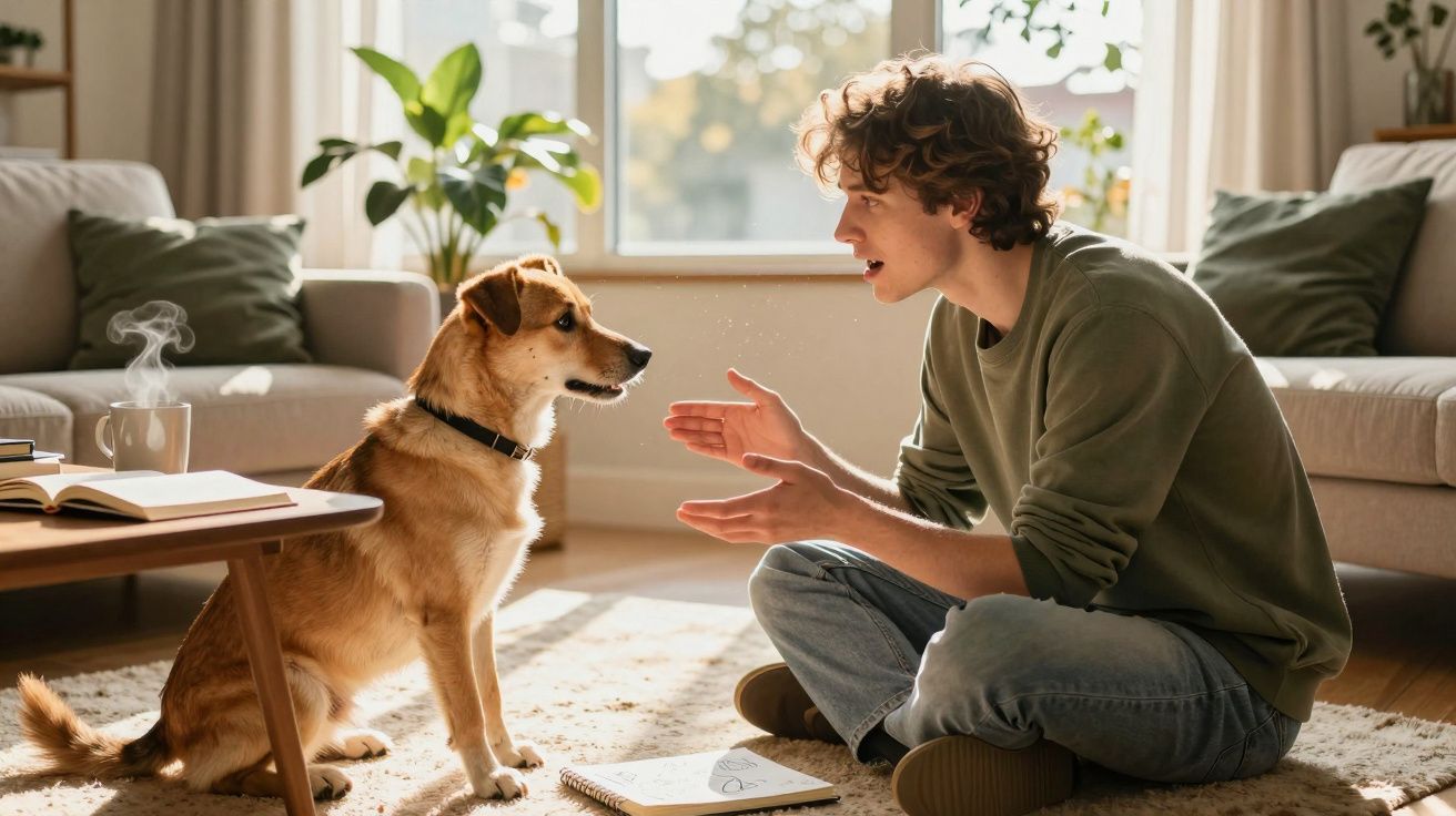 Rapaz sentado no chão conversa e treina um cão pequeno numa sala iluminada e acolhedora.