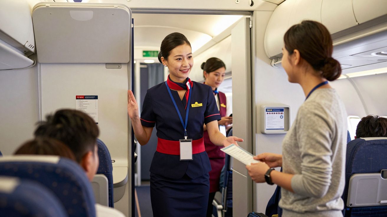 Comissária de bordo a entregar documento a passageiro dentro de avião com poltronas azuis.