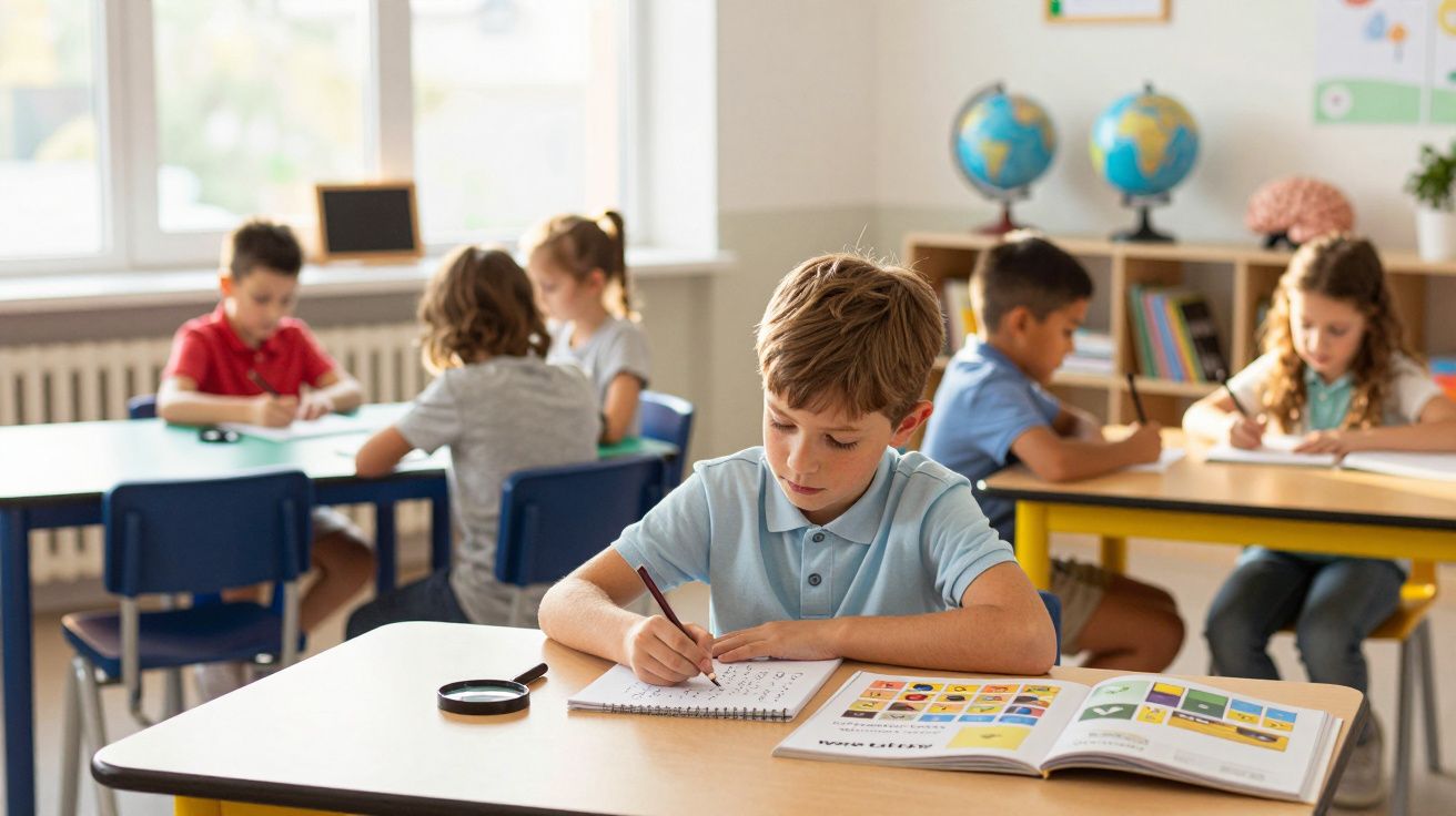 Crianças sentadas em mesas a escrever e estudar numa sala de aula iluminada com material escolar espalhado.