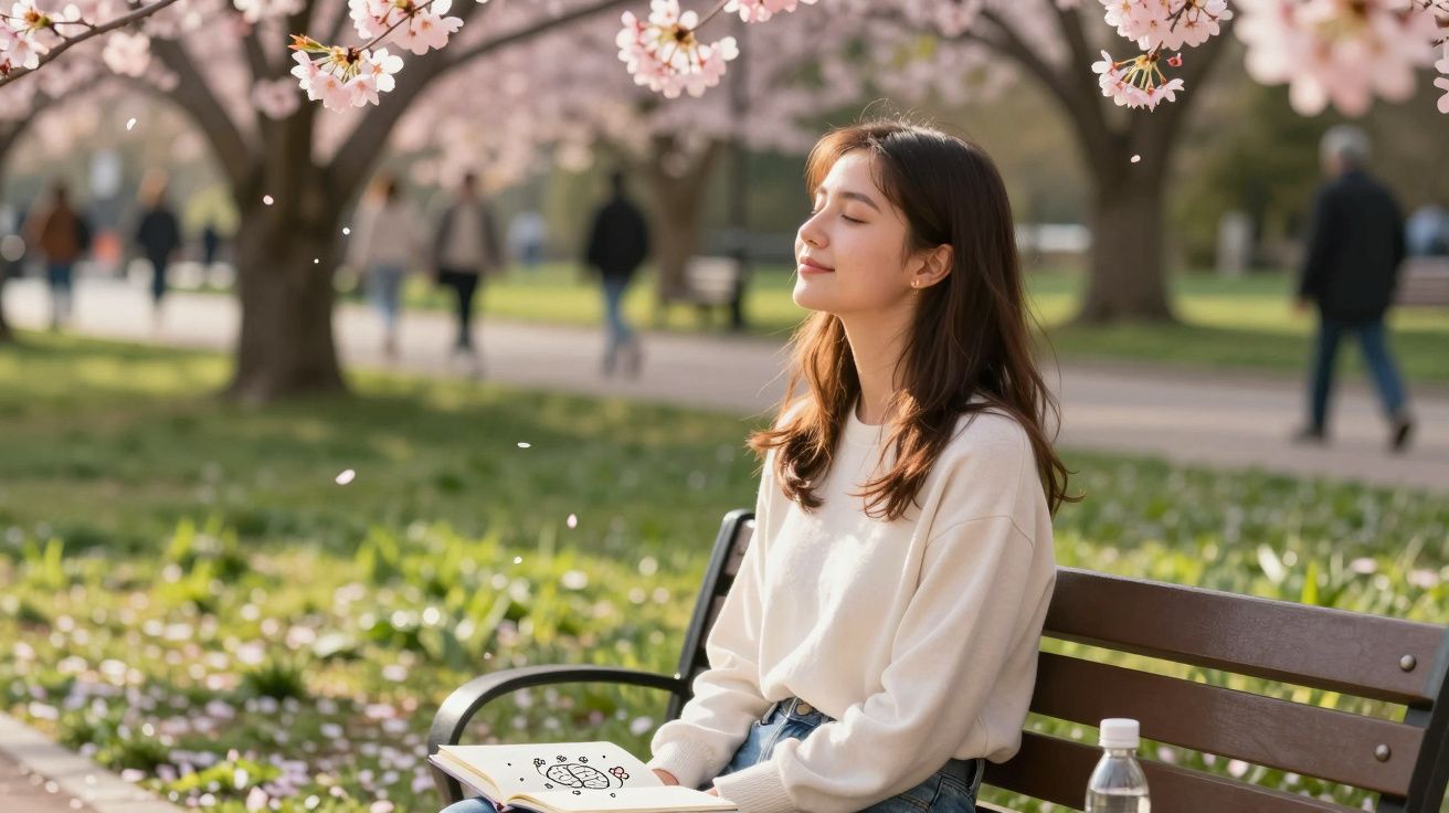 Mulher sentada num banco de parque, com olhos fechados, rodeada por flores de cerejeira em flor.