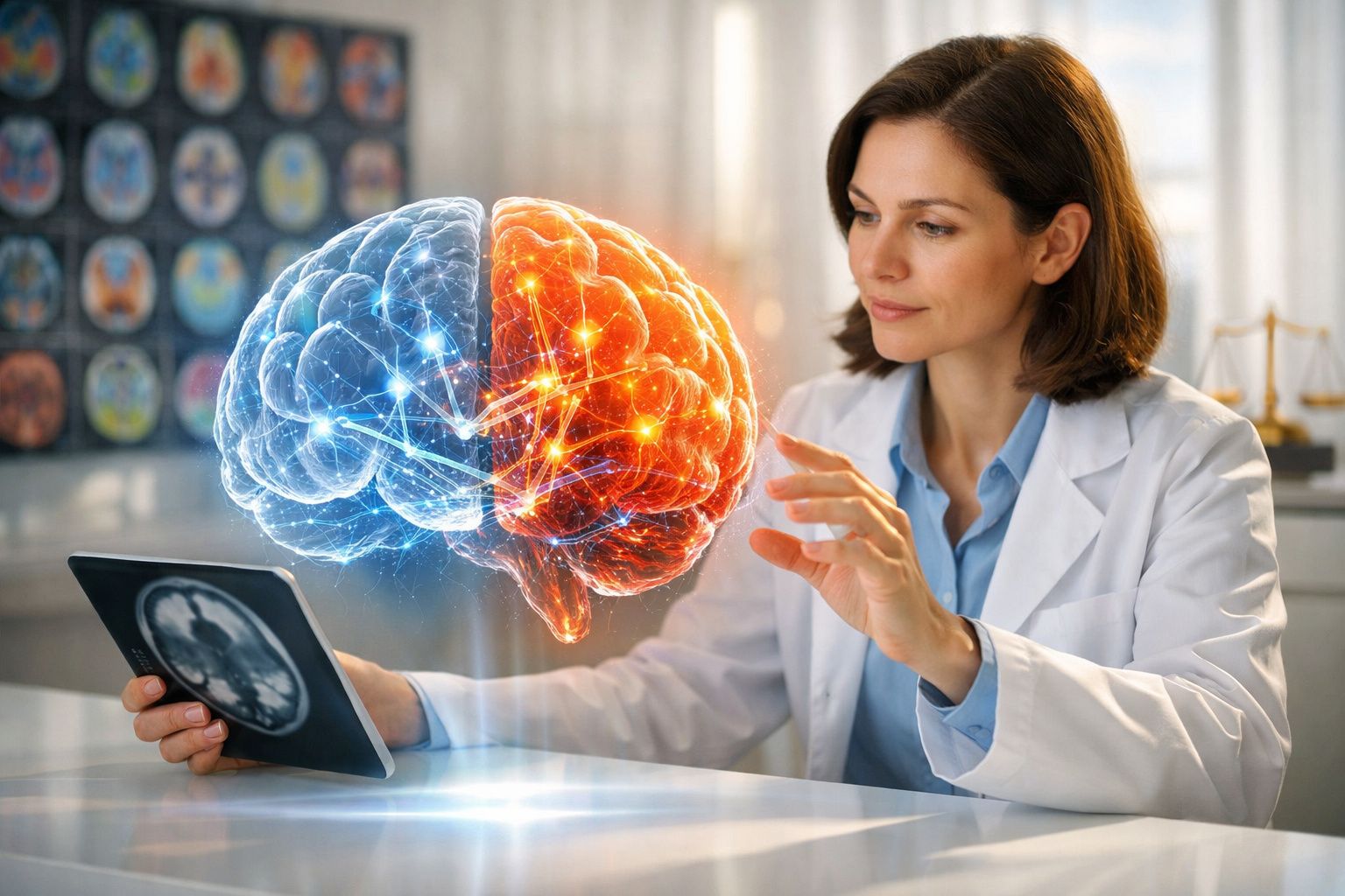 Médica a analisar imagem digital 3D do cérebro humano com hemisférios iluminados em azul e vermelho.