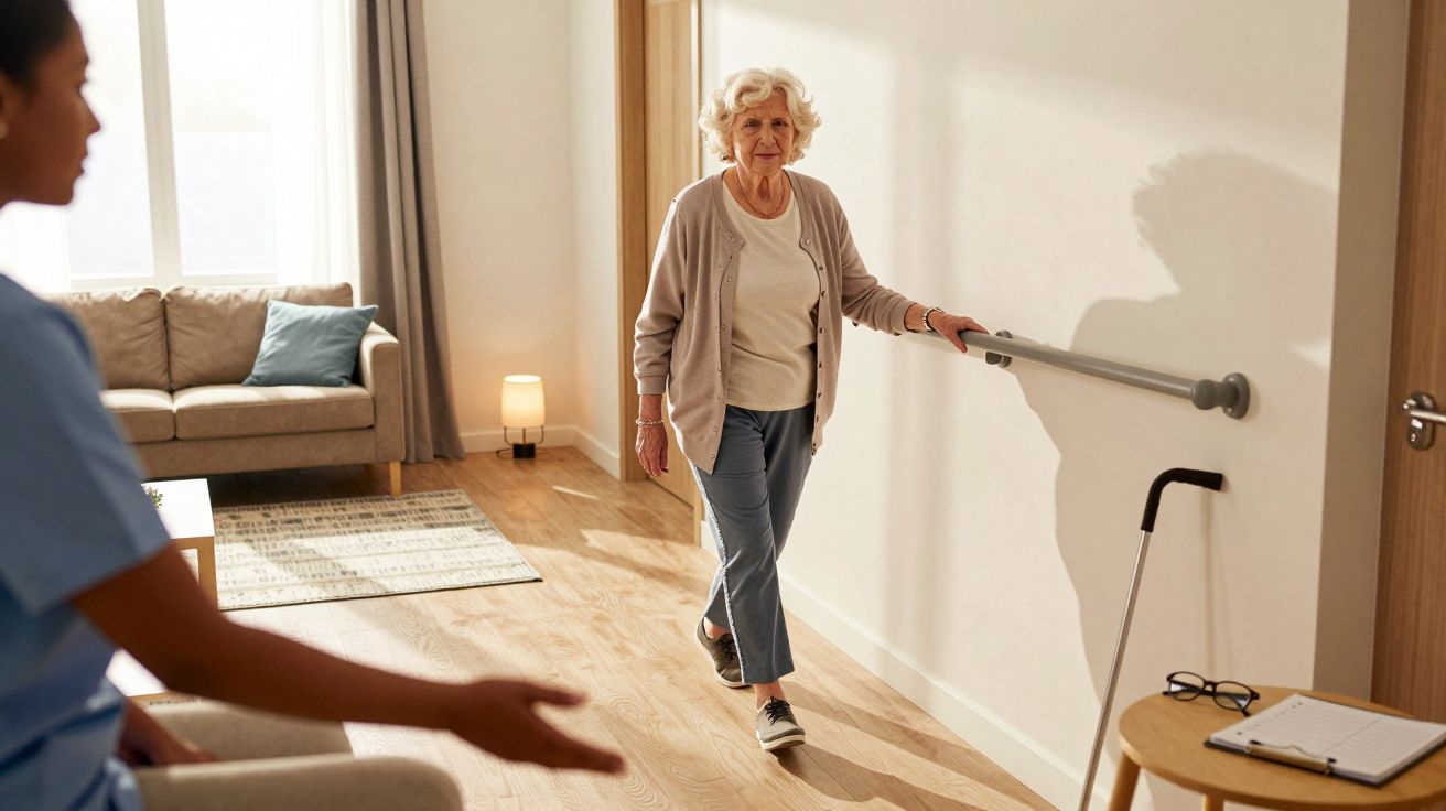 Idosa a caminhar apoiada numa barra de suporte numa sala com presença de um cuidador.