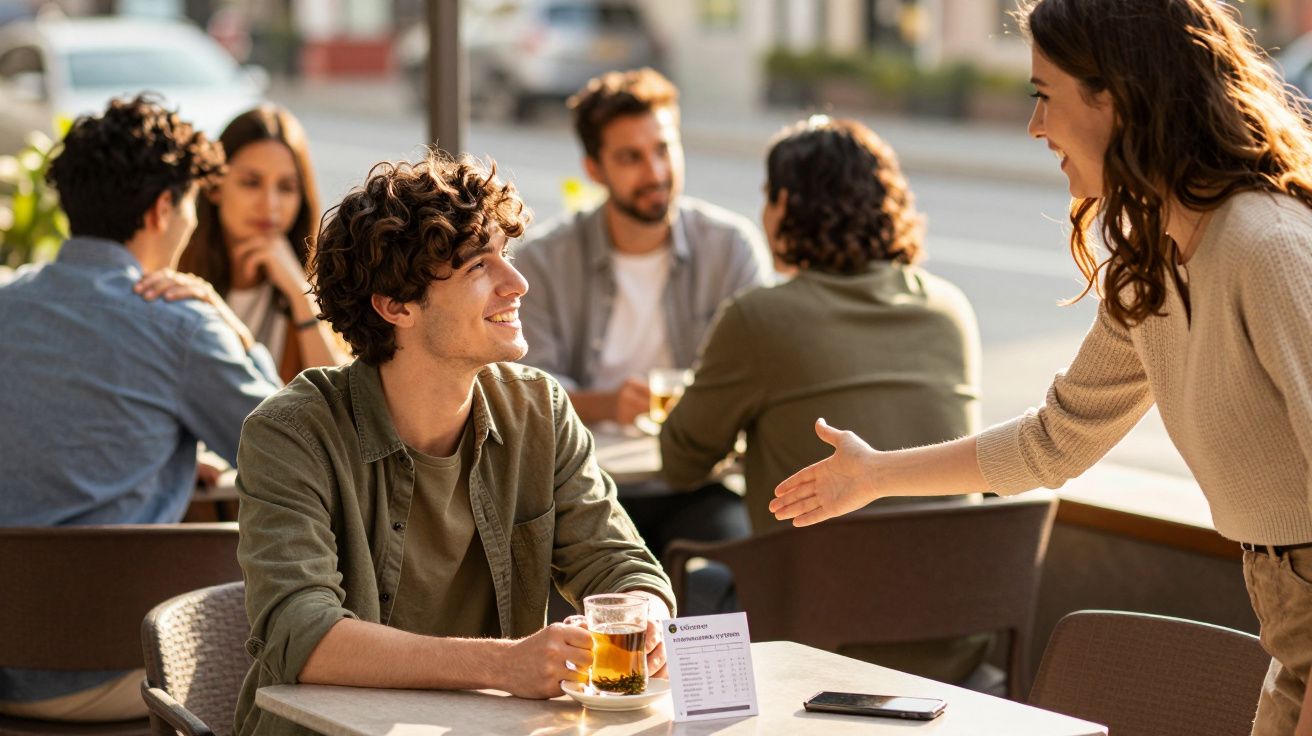 Jovem a oferecer a mão para cumprimento a homem sentado numa esplanada com bebida na mão.