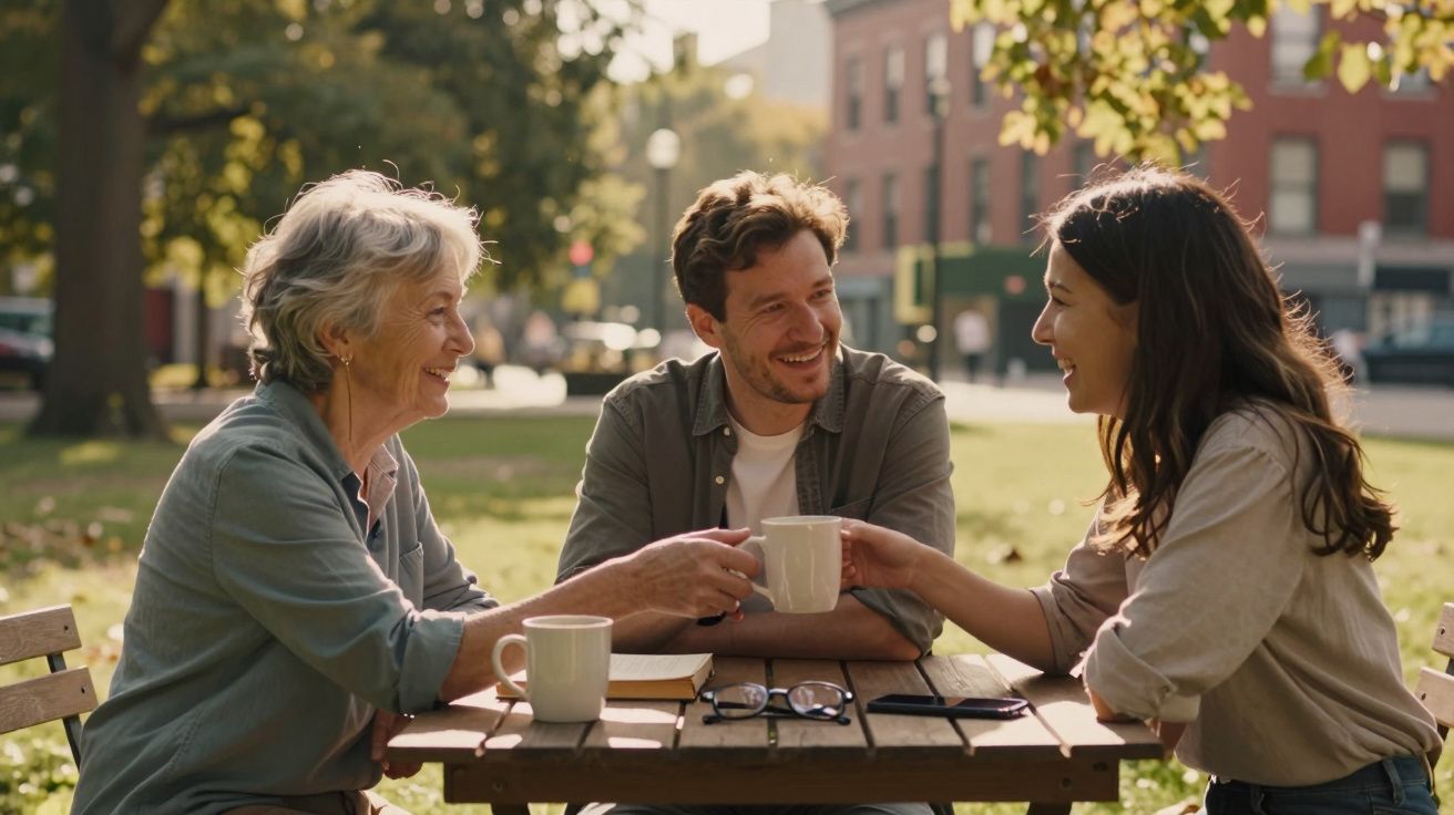 Três pessoas sentadas à mesa de madeira num parque, a sorrir e a brindar com canecas.