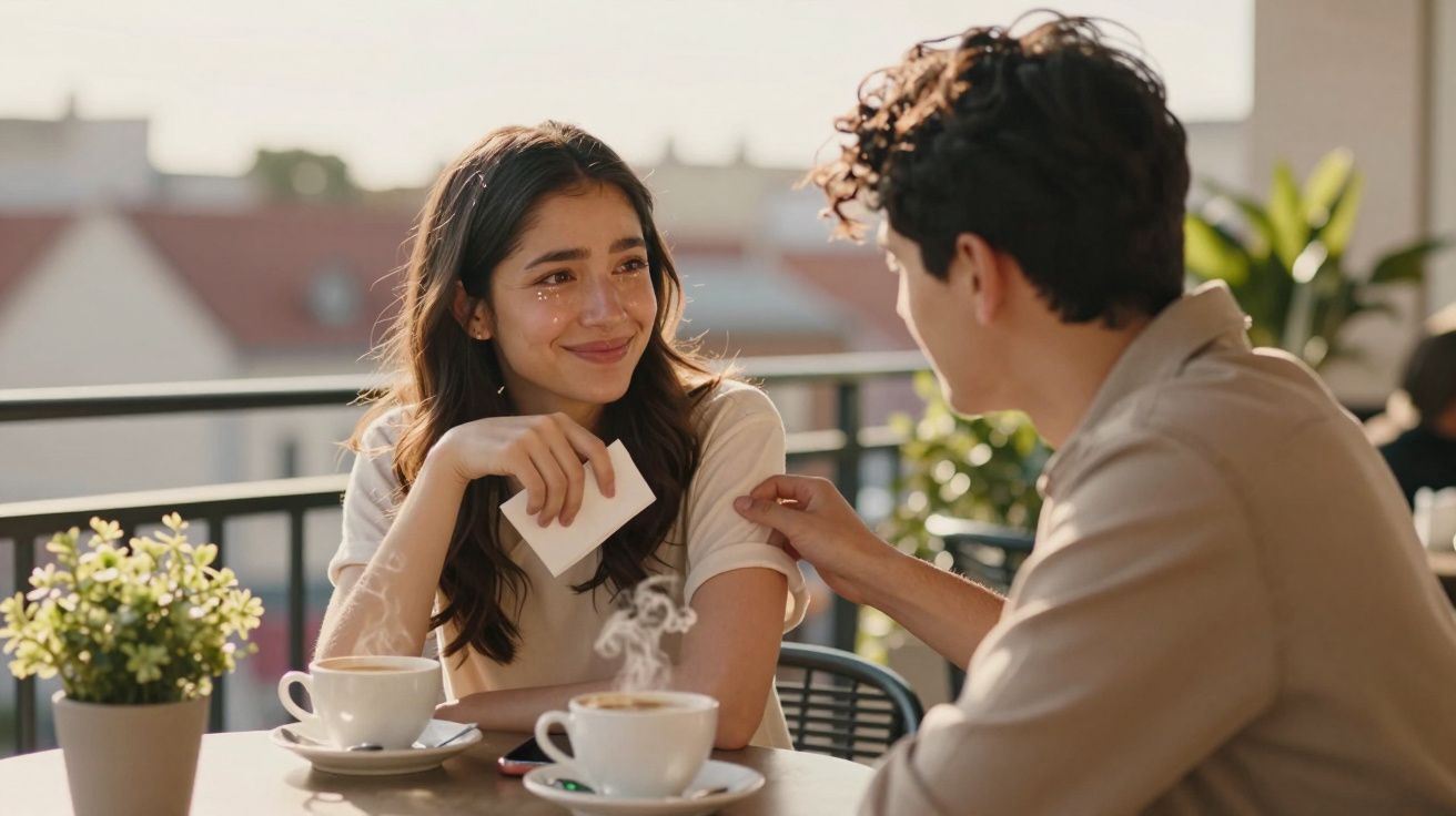 Casal jovem conversa e sorri num café ao ar livre durante o dia, com chávenas de café na mesa.