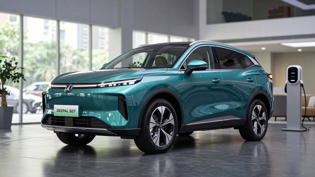 Carro elétrico SUV verde com design moderno numa sala de exposição, ligado a uma estação de carregamento.