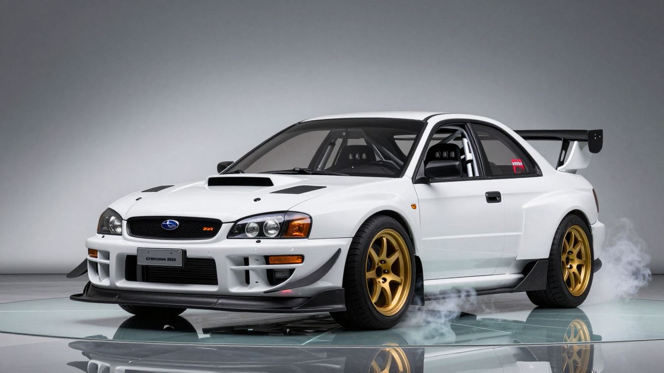 Carro desportivo branco Subaru Impreza 22B com jantes douradas e fumo saindo da roda traseira.