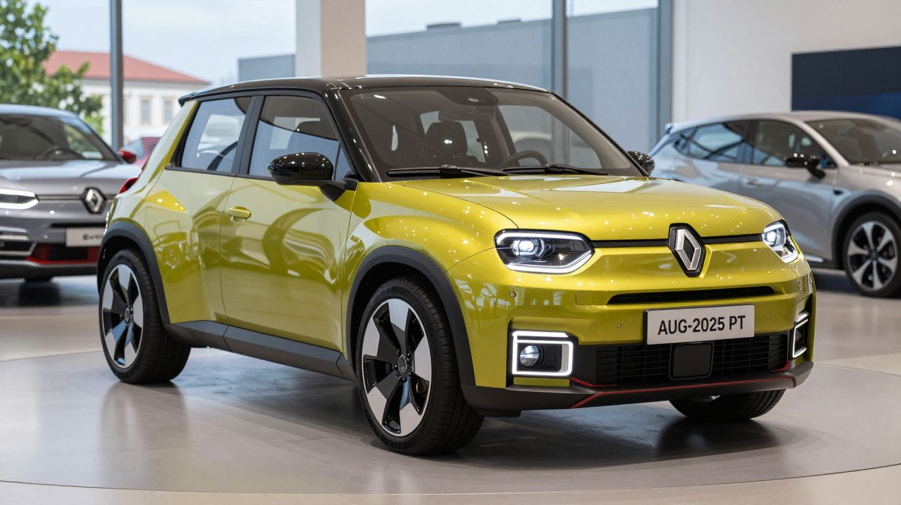 Carro eléctrico compacto Renault Twingo amarelo em exposição num salão automóvel.
