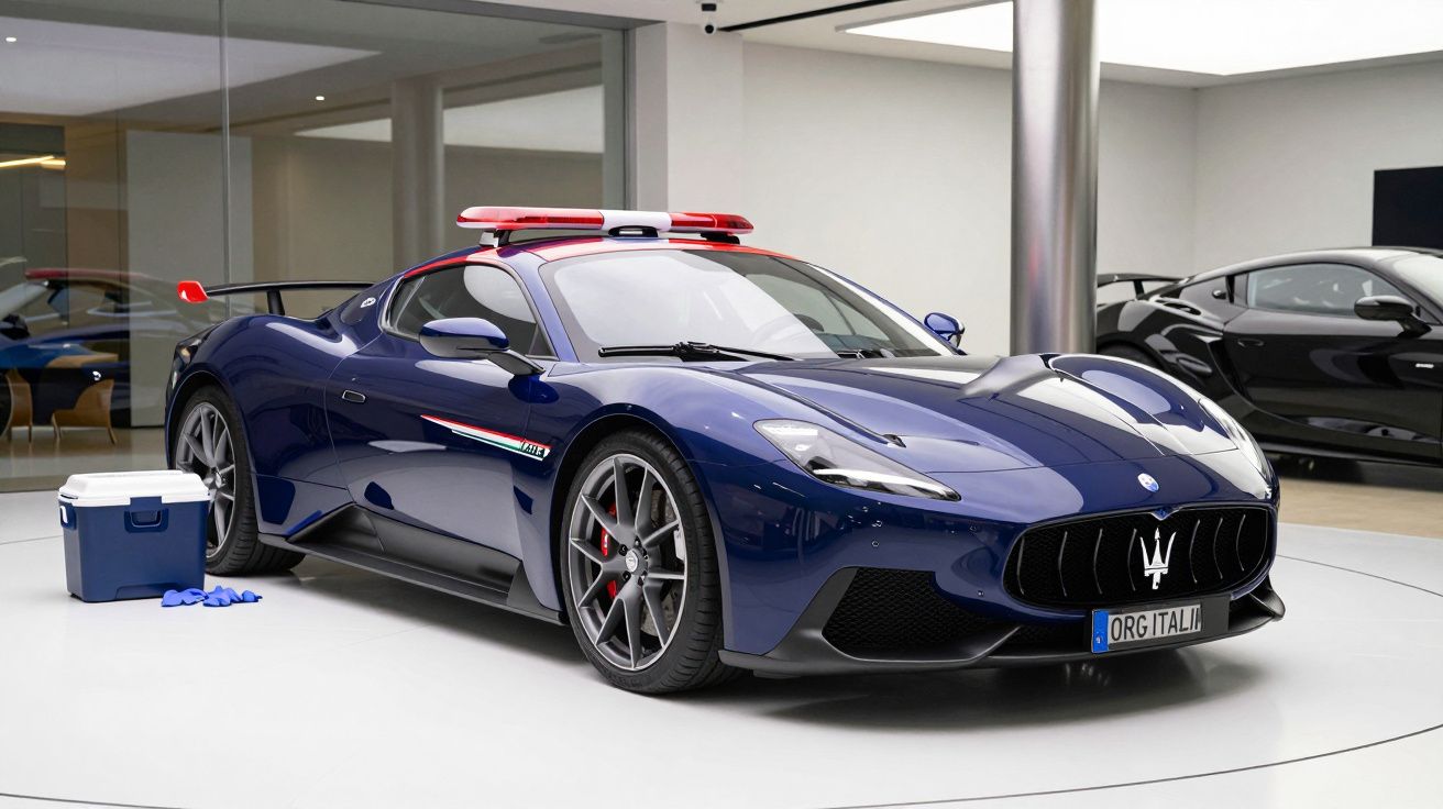 Carro desportivo azul com luzes de polícia no teto, em exposição dentro de um espaço moderno e luminoso.