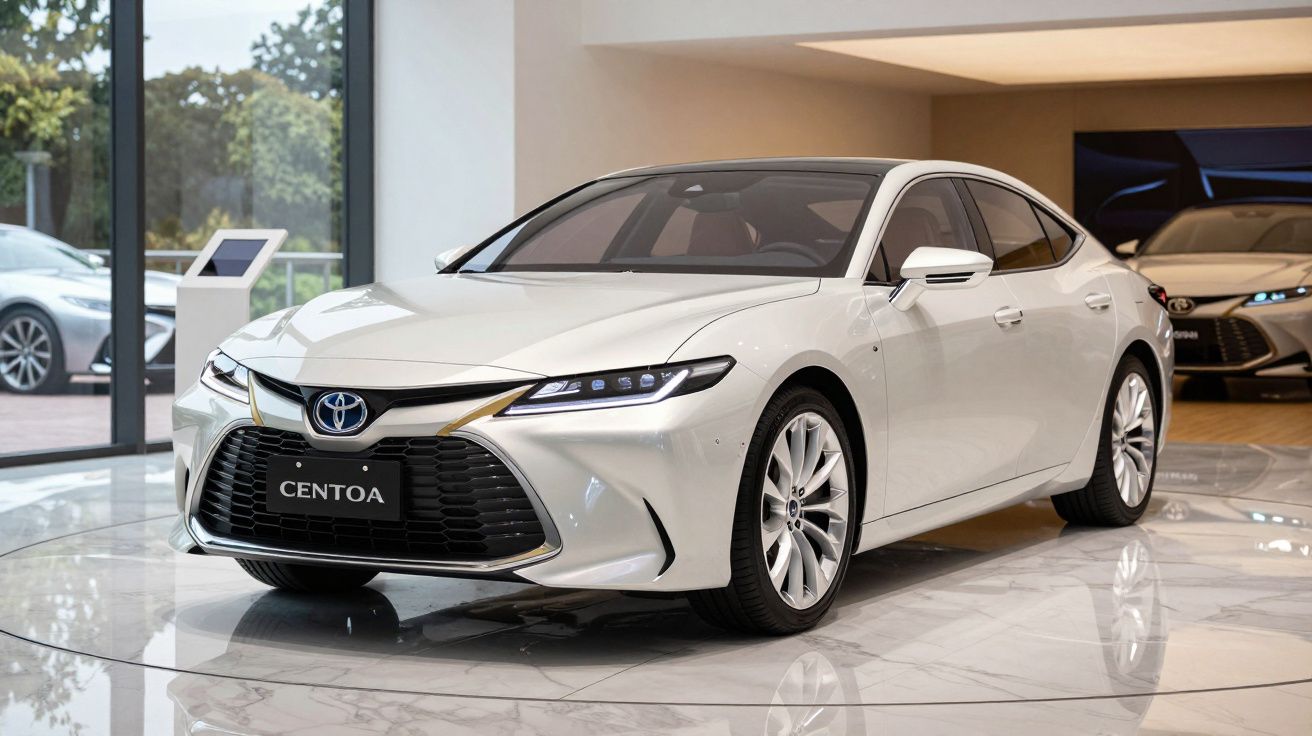 Carro branco Toyota Centoa exibido em salão com chão de mármore e iluminação natural.