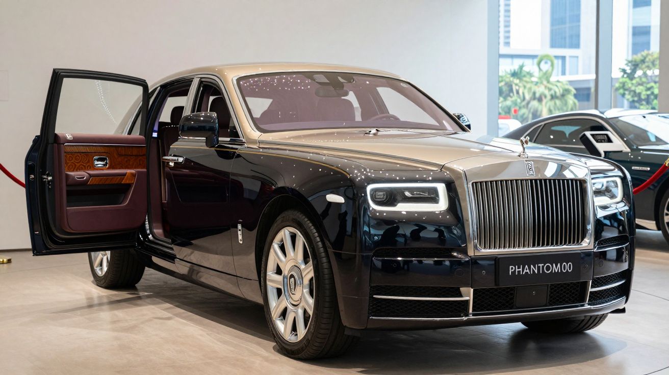Rolls-Royce Phantom preto com capota prateada, porta dianteira aberta, em exposição interior.