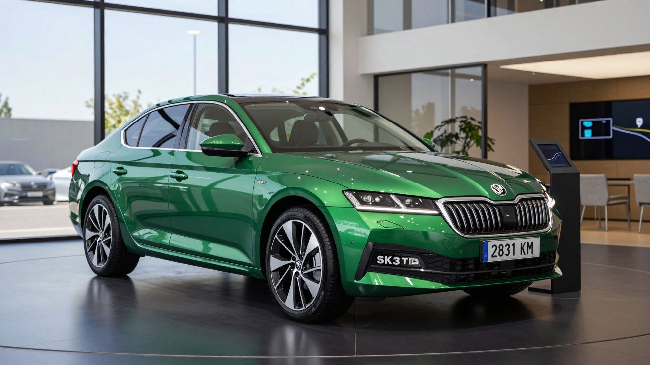 Carro verde Skoda Superb SW em exposição interior moderna com janelas grandes e chão cinzento.