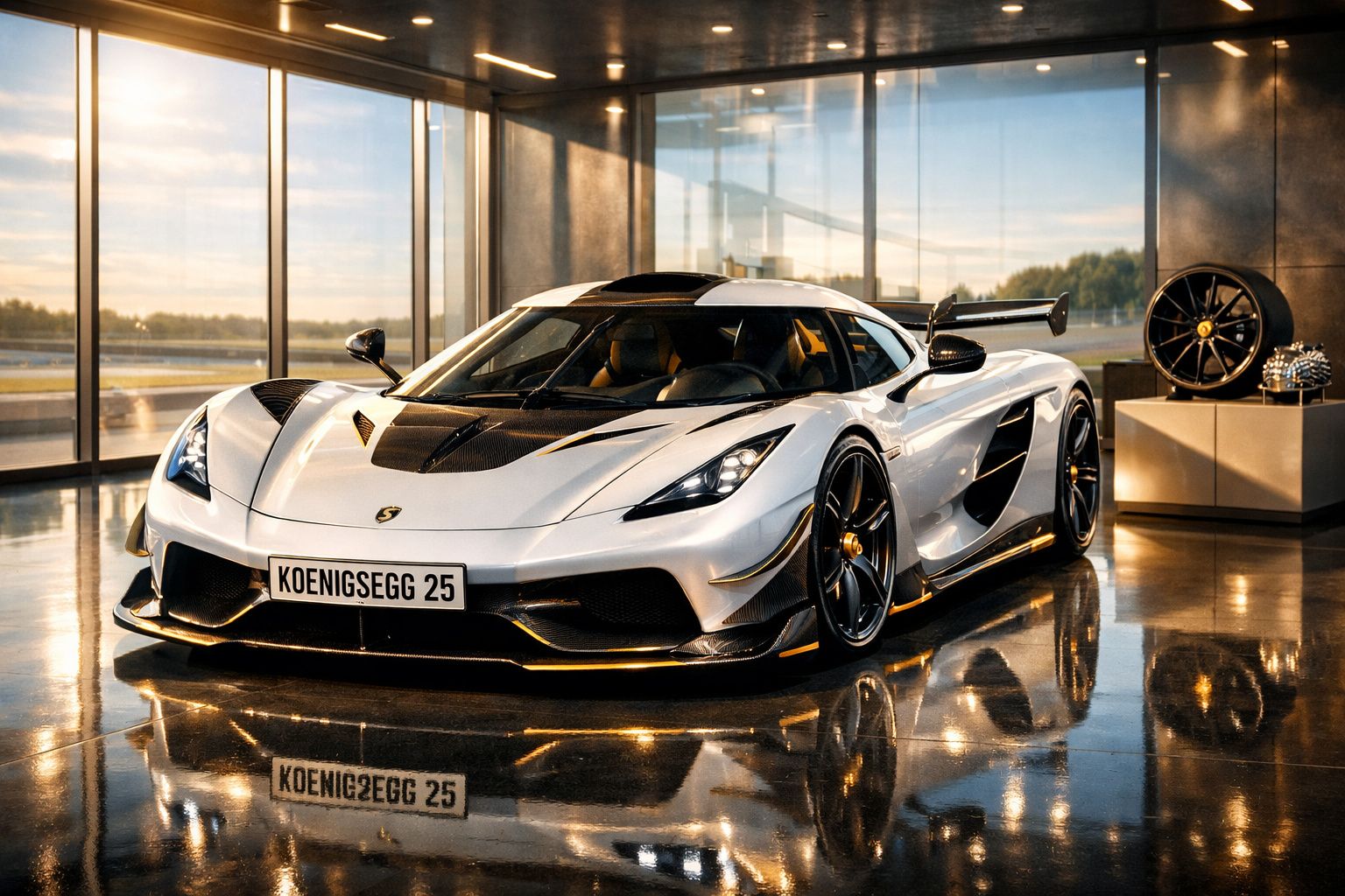 Carro desportivo branco Koenigsegg estacionado em garagem ampla com janelas e chão reflector.