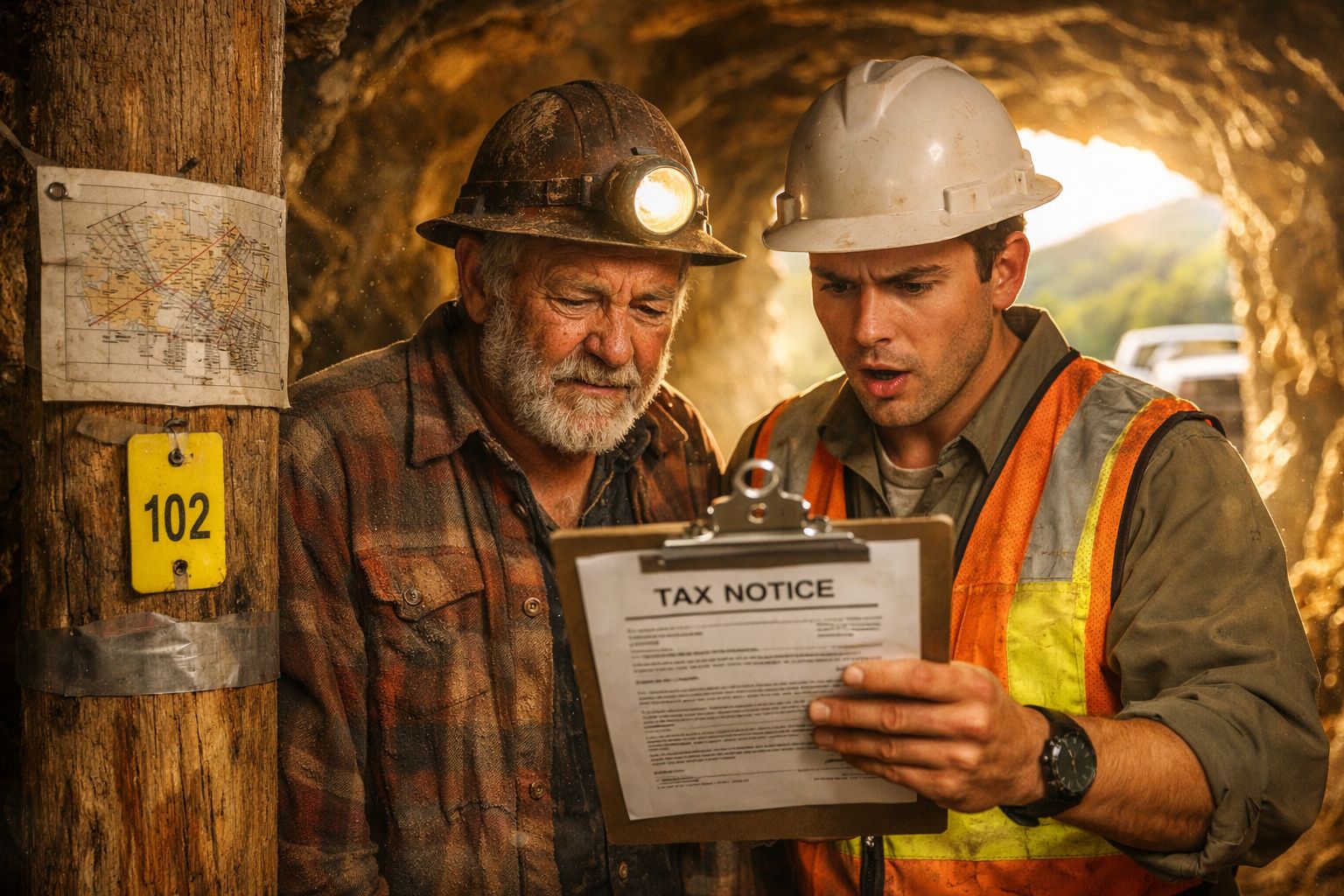 Dois mineiros com capacetes, um com lanterna, analisam um documento de notificação fiscal numa mina.