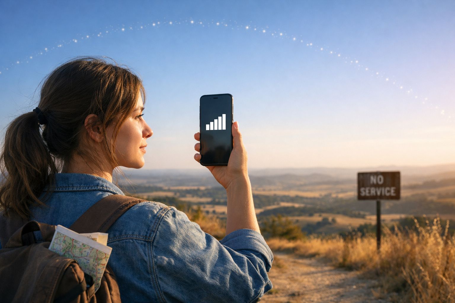Mulher com mochila consulta sinal de rede no telemóvel numa paisagem rural com placa de "No Service".