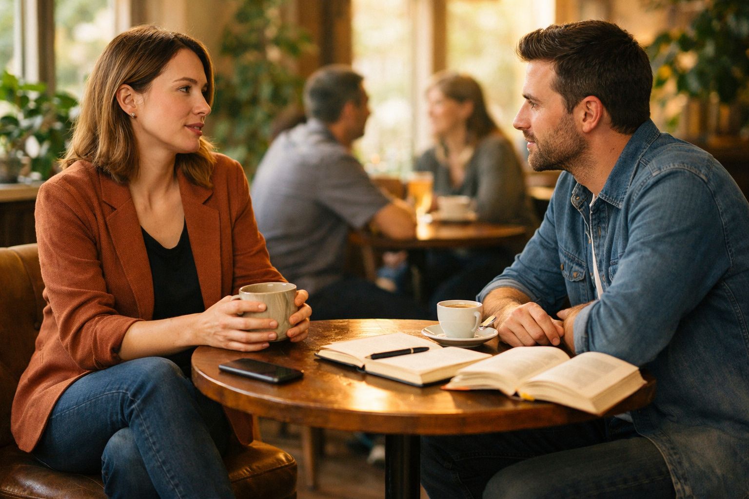 Homem e mulher sentados num café, conversando com livros e cafés na mesa de madeira.