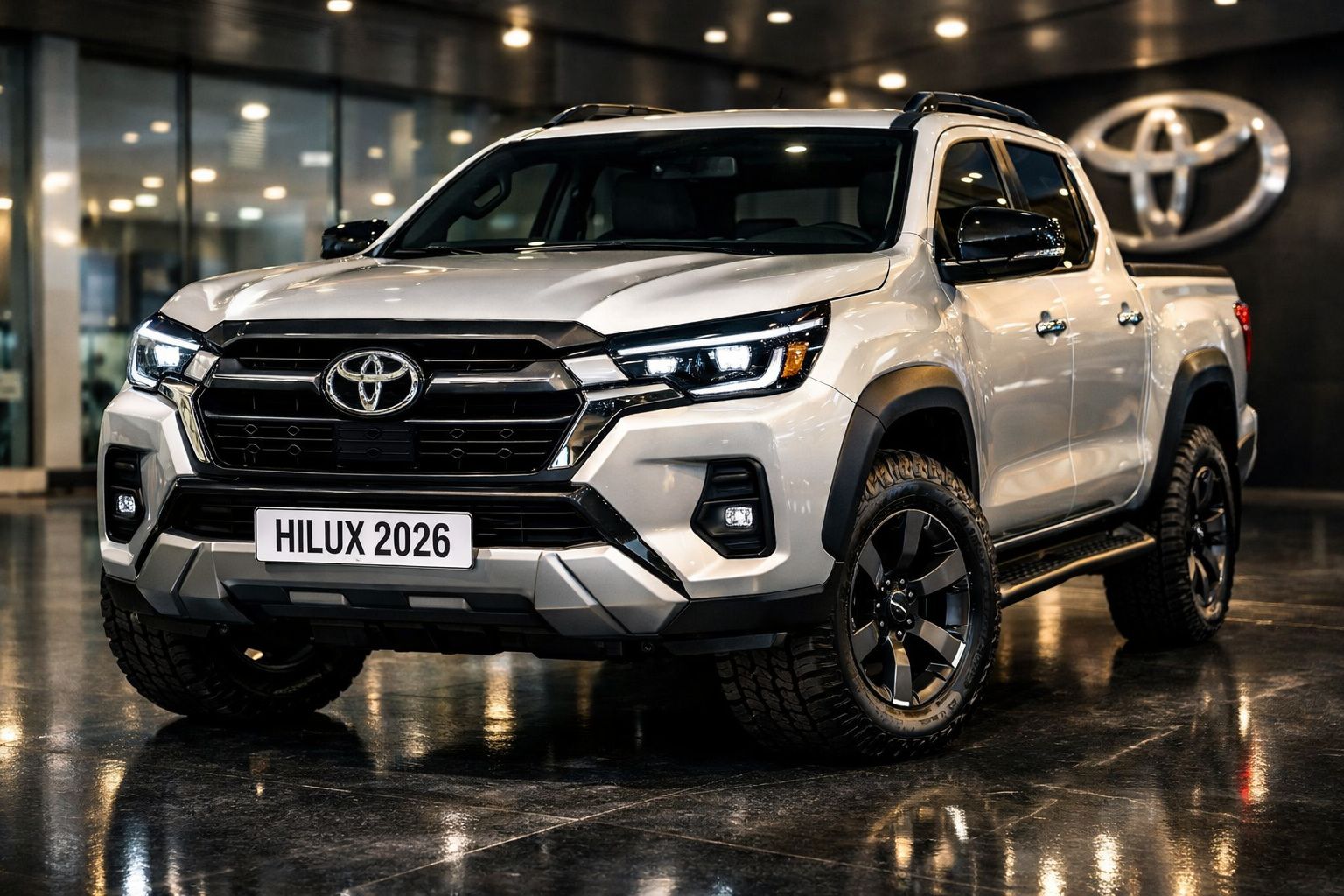 Picape Toyota Hilux 2026 branca com faróis LED e rodas pretas em showroom moderno.