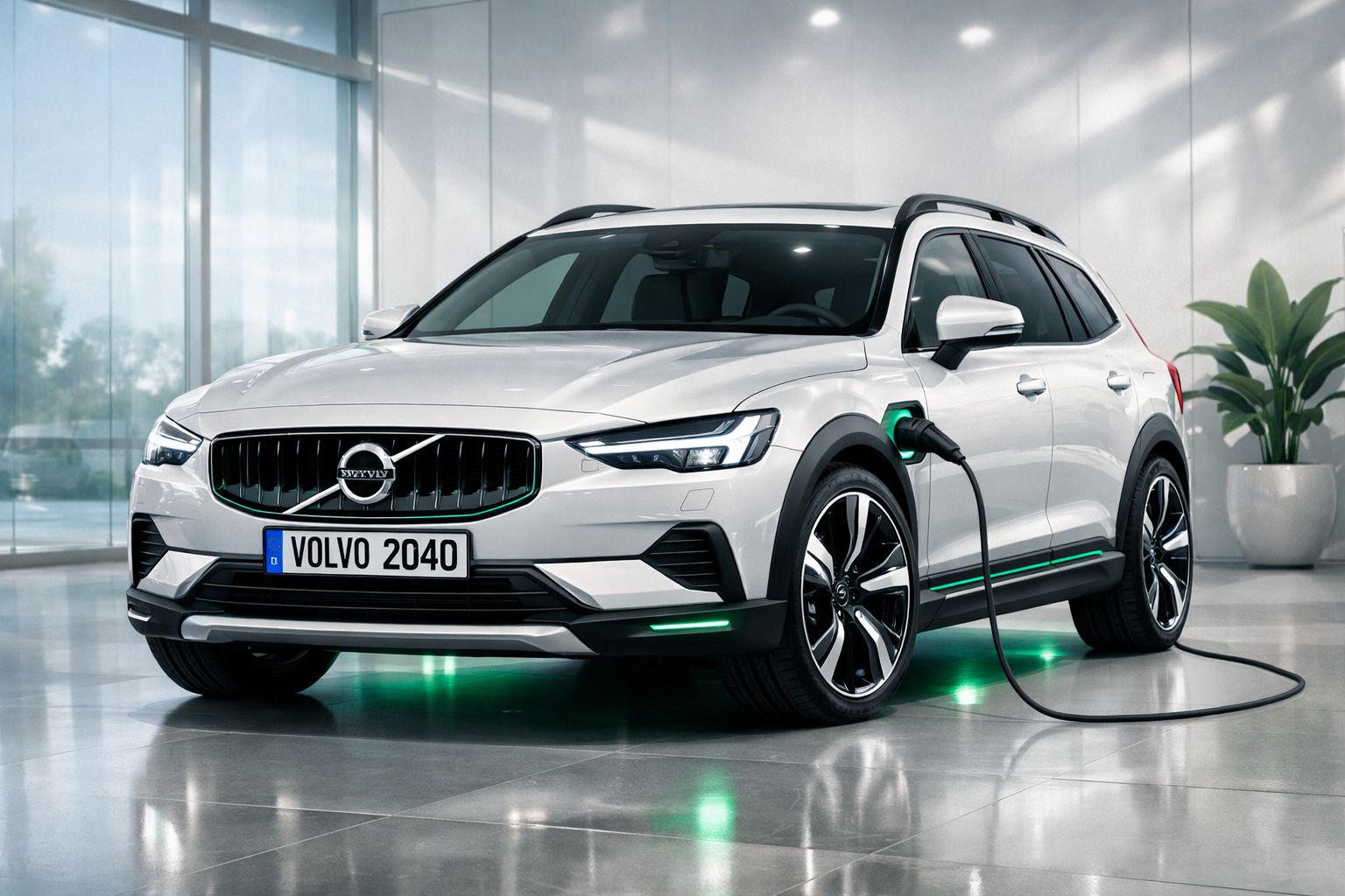 Carro elétrico Volvo branco a carregar a bateria numa garagem moderna com piso reflexivo.