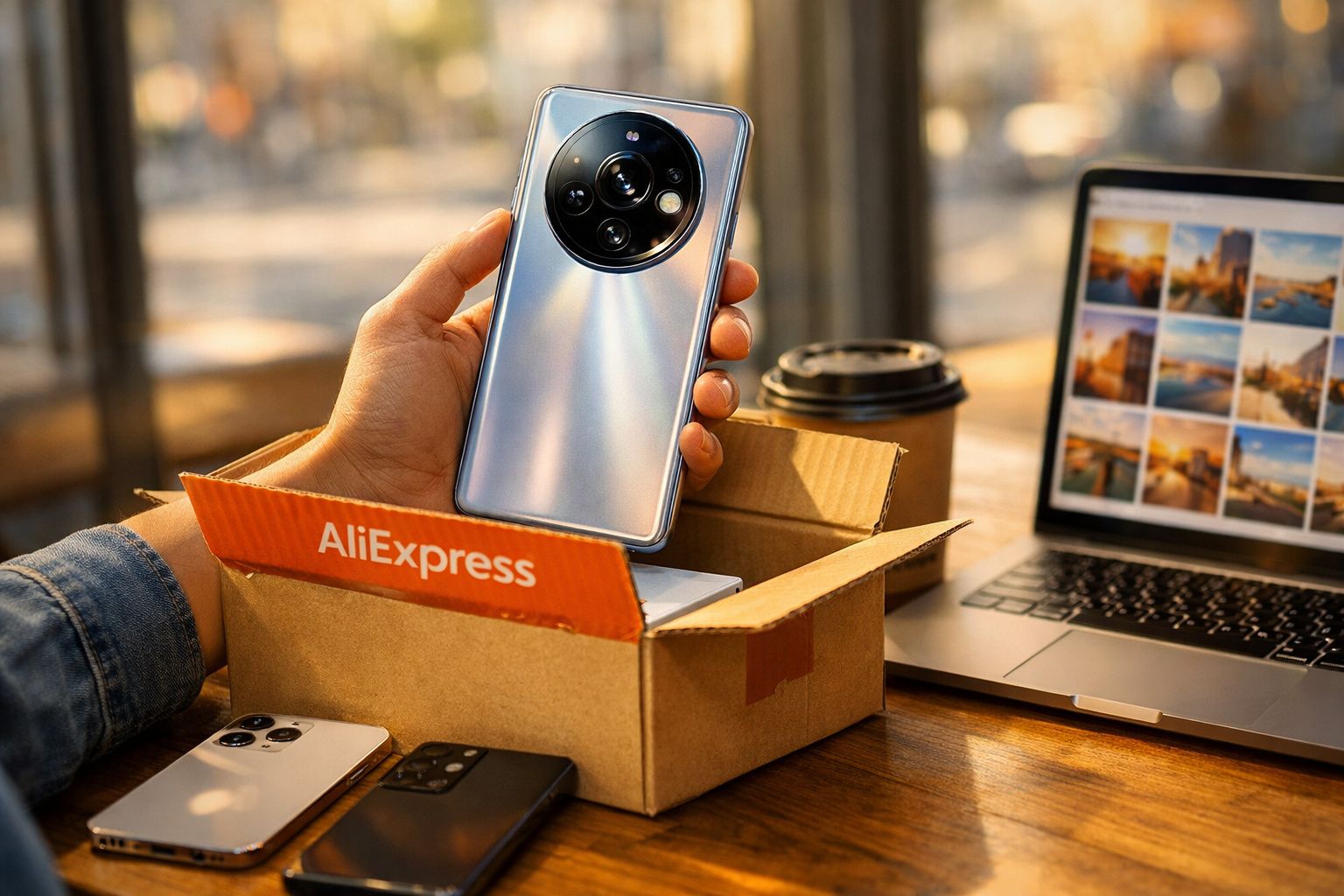 Mão a segurar telemóvel novo prateado fora de caixa AliExpress com portátil e café em fundo desfocado.