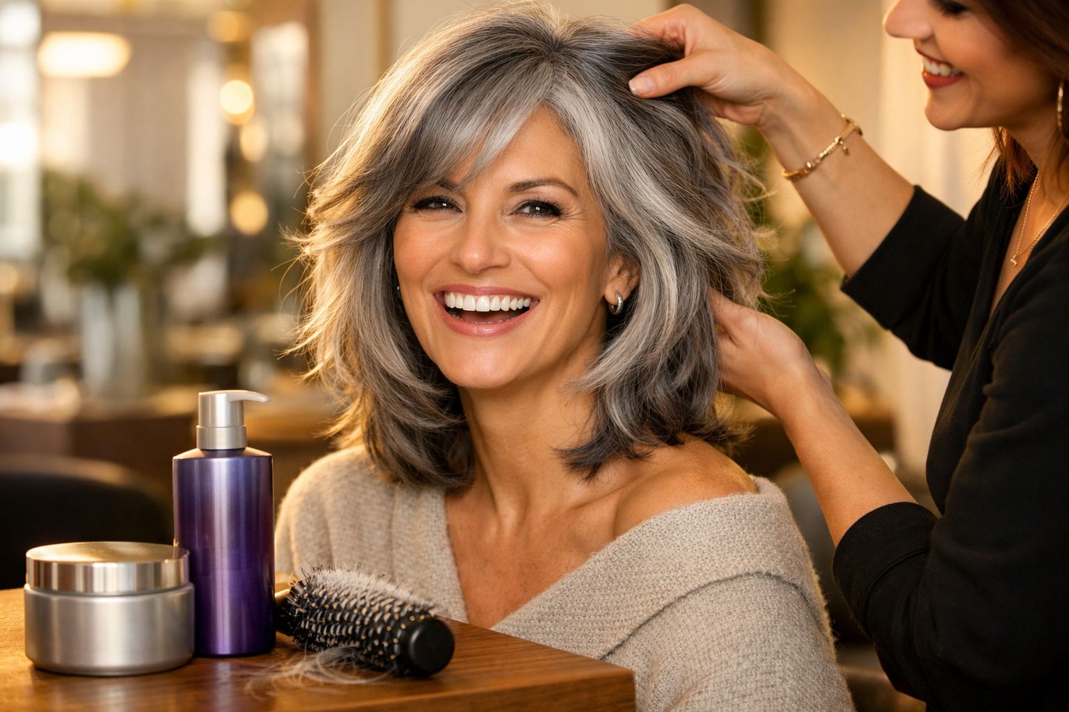 Mulher sorridente com cabelo cinza sendo penteada numa cabeleireira com produtos de cabelo na mesa.