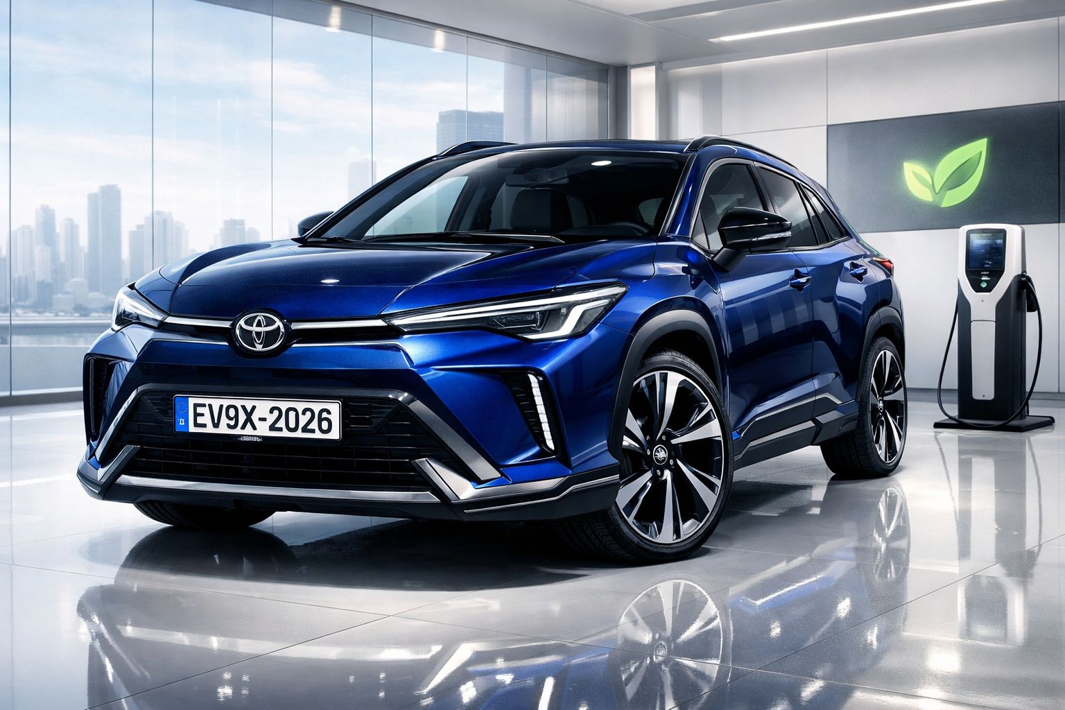 Carro elétrico Toyota azul estacionado em garagem moderna com estação de carregamento e símbolo de folha verde.