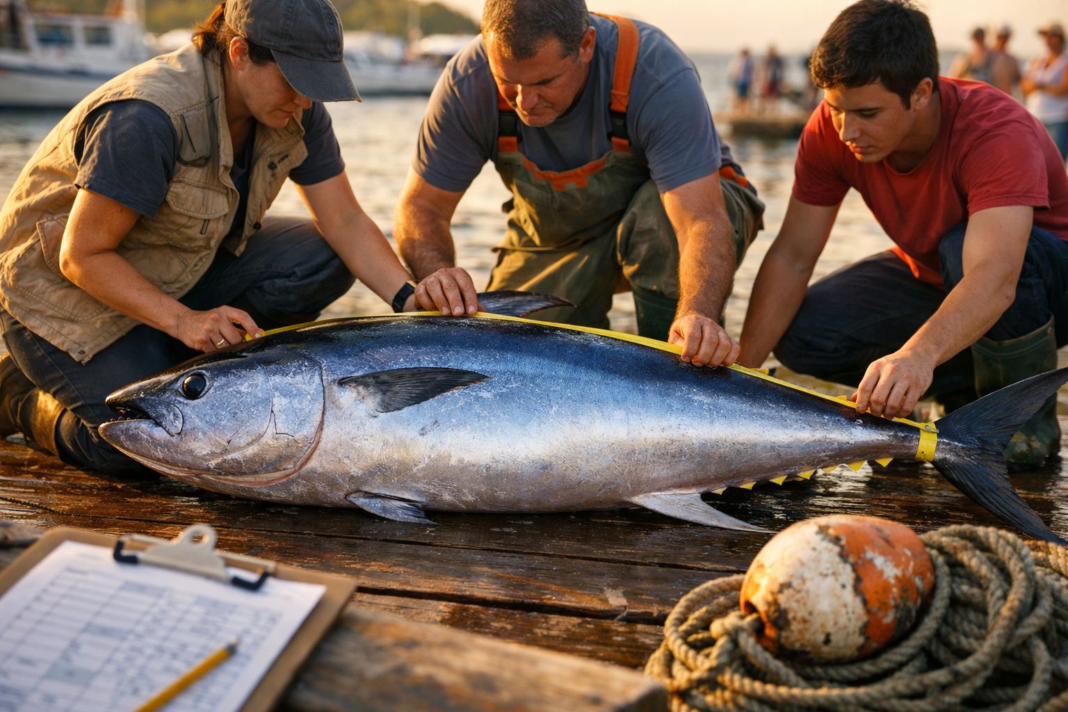 Três pescadores medem um grande atum num cais de madeira ao amanhecer.