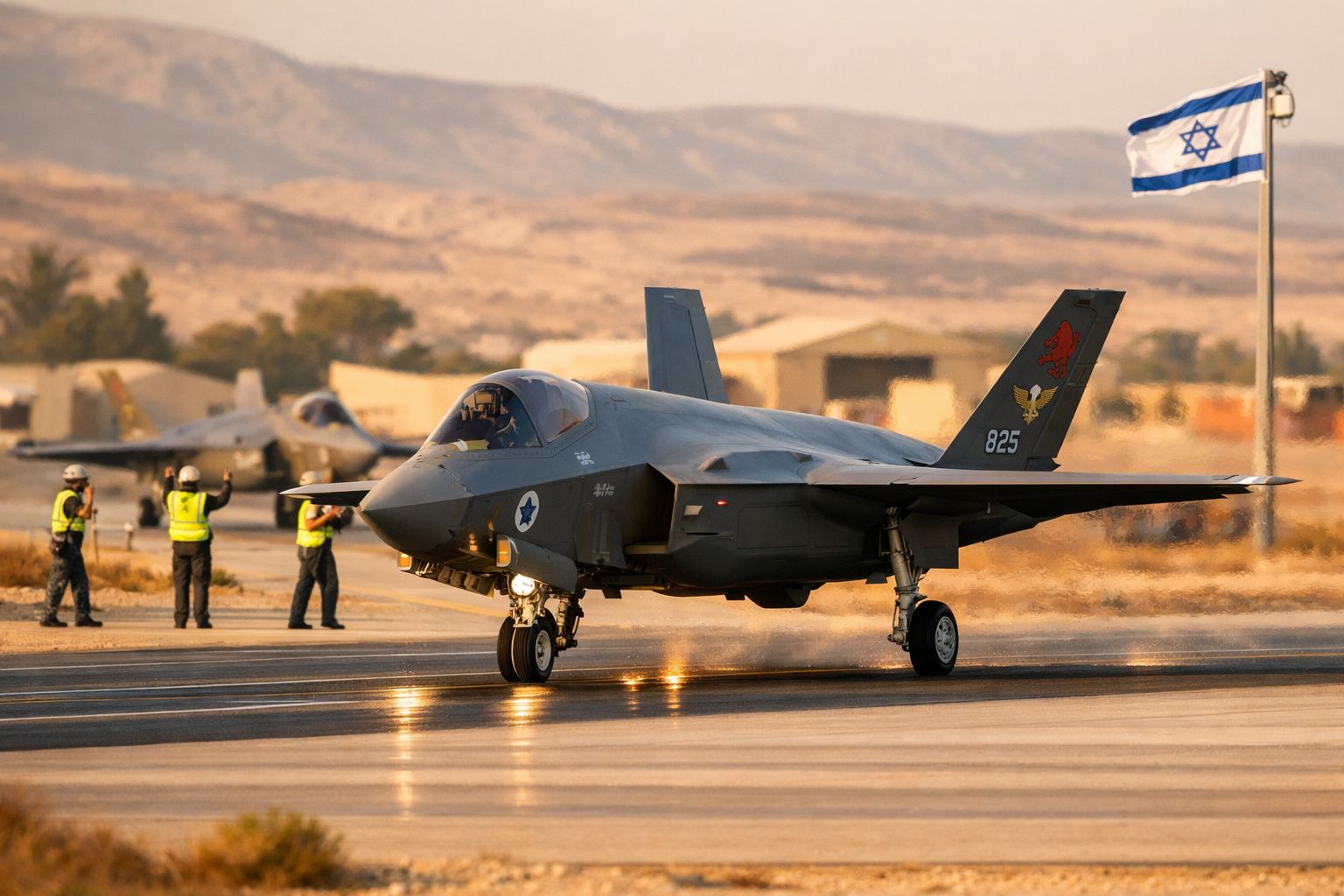 Caça F-35 da Força Aérea de Israel estacionado numa pista com quatro militares ao fundo e bandeira de Israel.