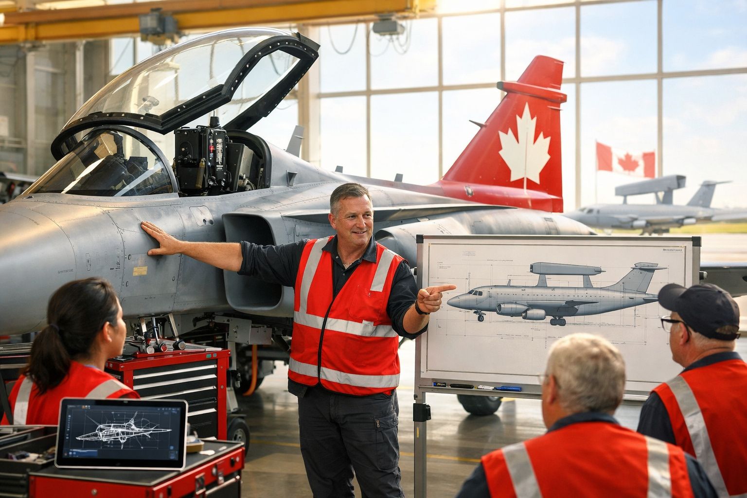 Homem em colete refletor vermelho explica desenho técnico de avião militar a grupo numa hangar com jato canadiano.