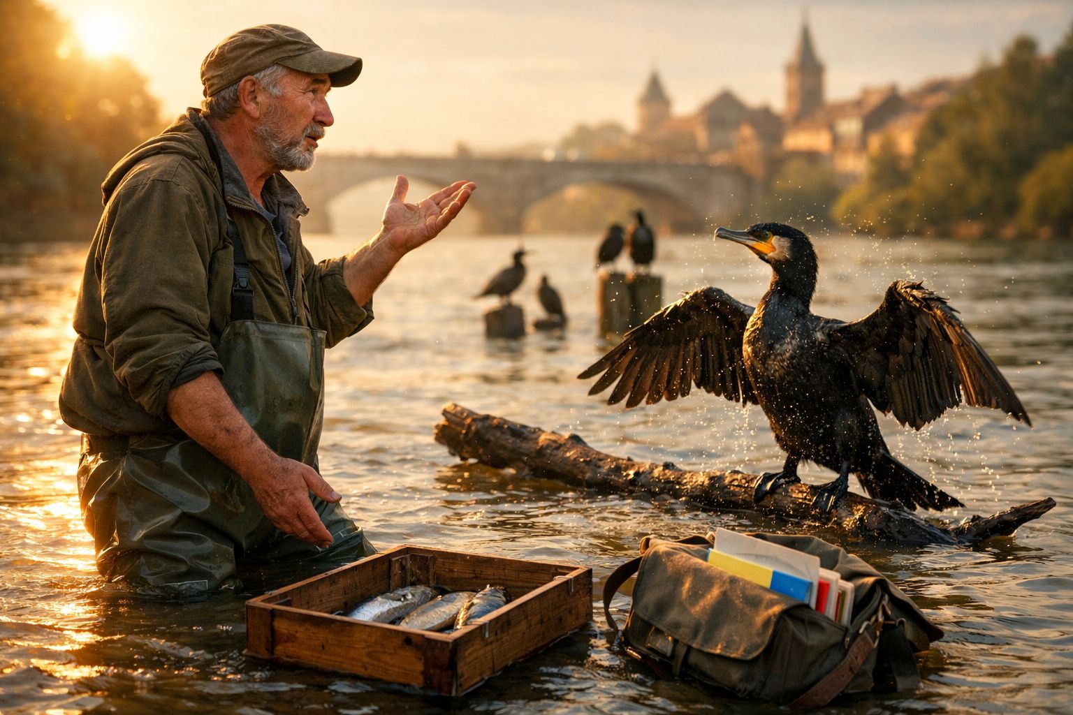 Homem de botas a conversar com um pássaro negro enquanto segura caixa com peixes num rio ao pôr do sol.