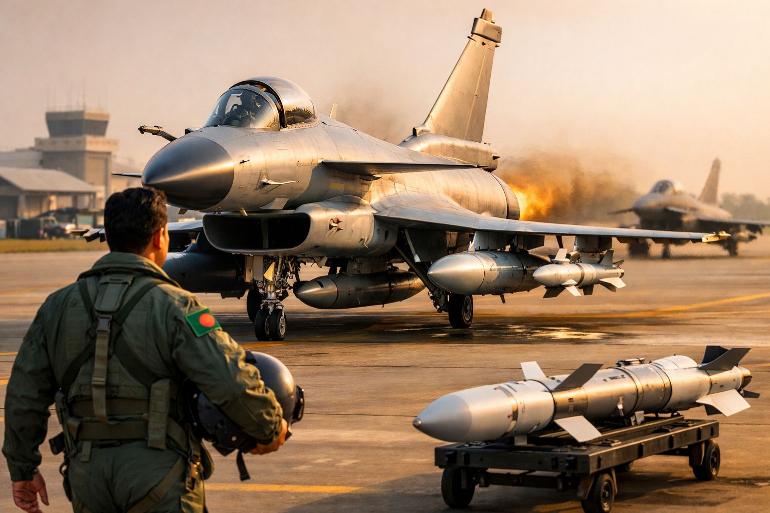 Caça militar prestes a descolar de pista, com piloto, mísseis e torre de controlo ao fundo ao pôr do sol.
