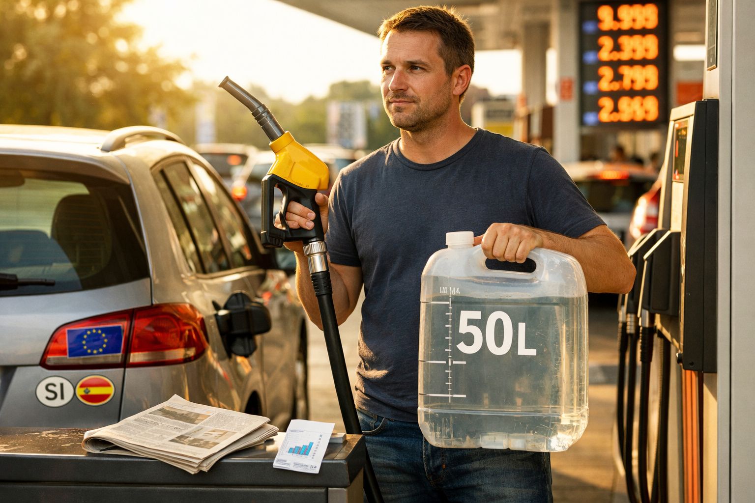Homem numa bomba de gasolina a segurar uma mangueira de combustível e um bidão transparente de 50 litros.