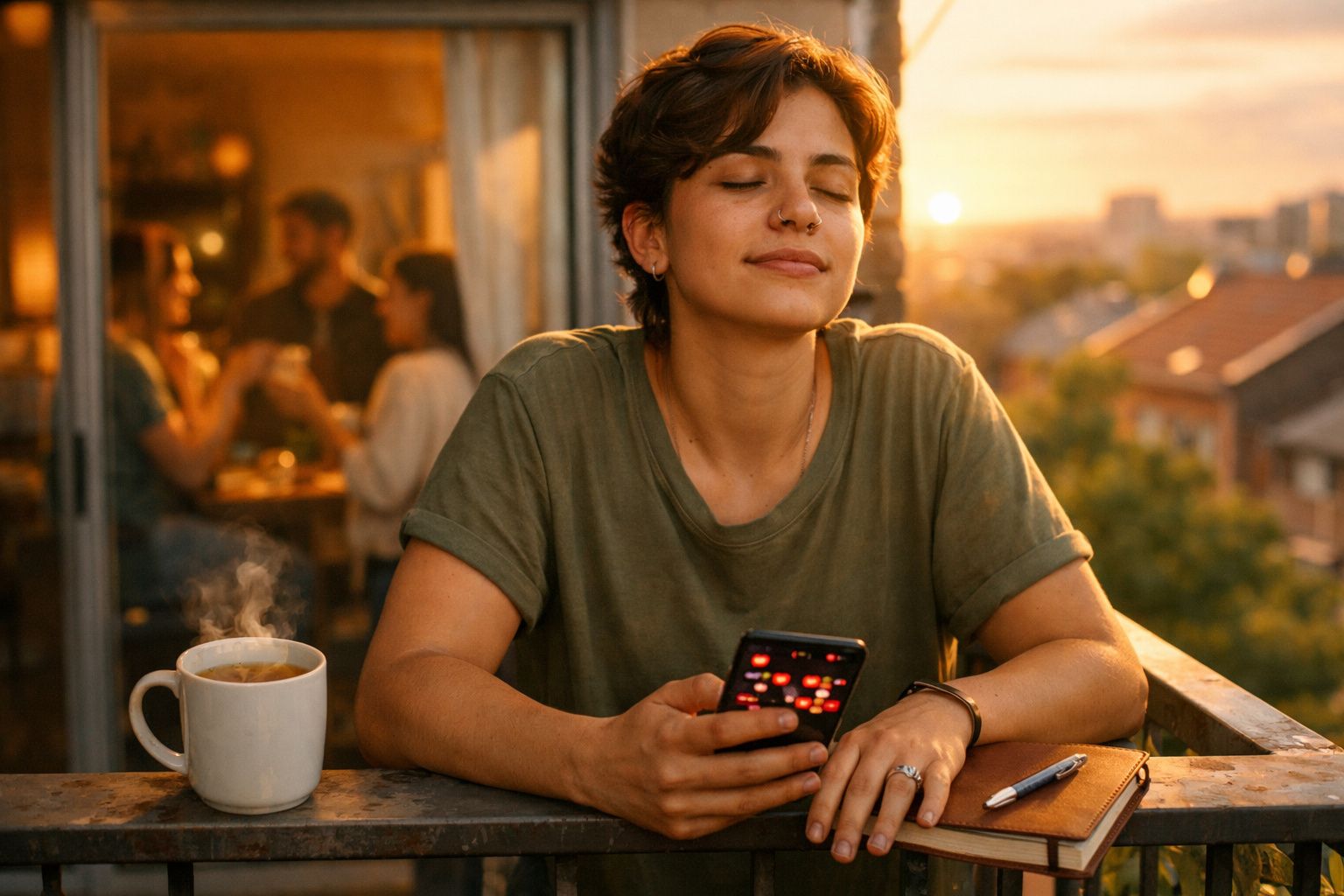 Pessoa jovem relaxa com os olhos fechados a segurar um telemóvel, com uma chávena de chá quente e caderno à frente ao pôr do 
