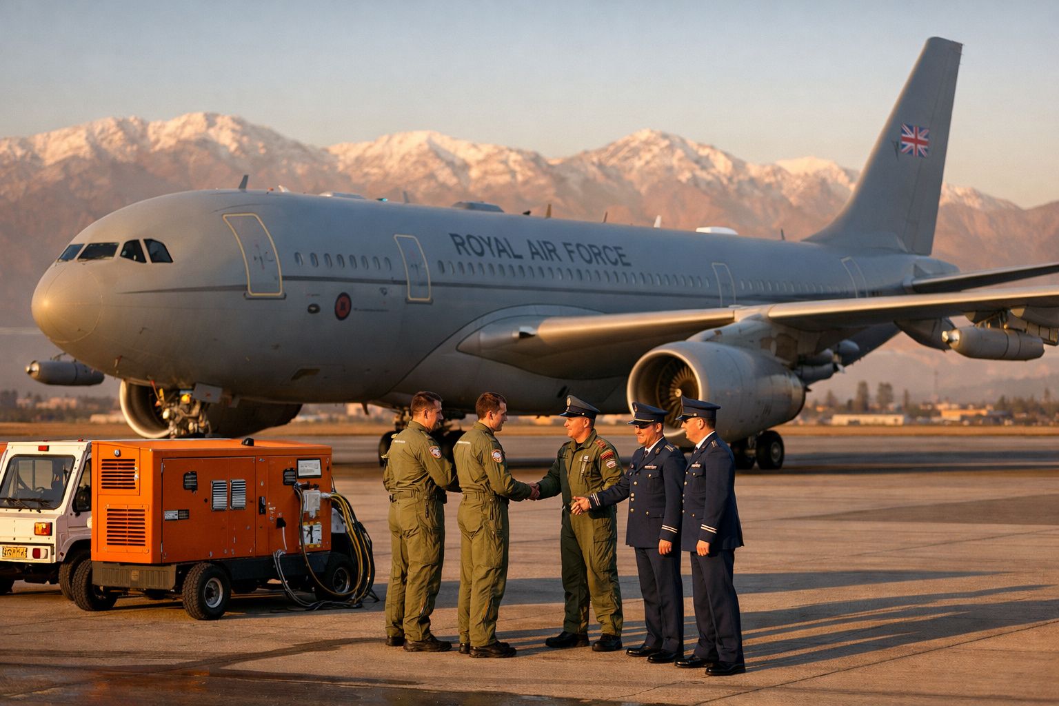 Avião militar da Royal Air Force em pista, com seis militares cumprimentando-se ao pôr do sol.