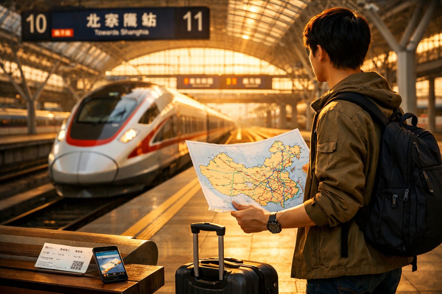 Jovem com mochila e mala consulta mapa numa estação de comboios com comboio rápido a chegar ao cais.