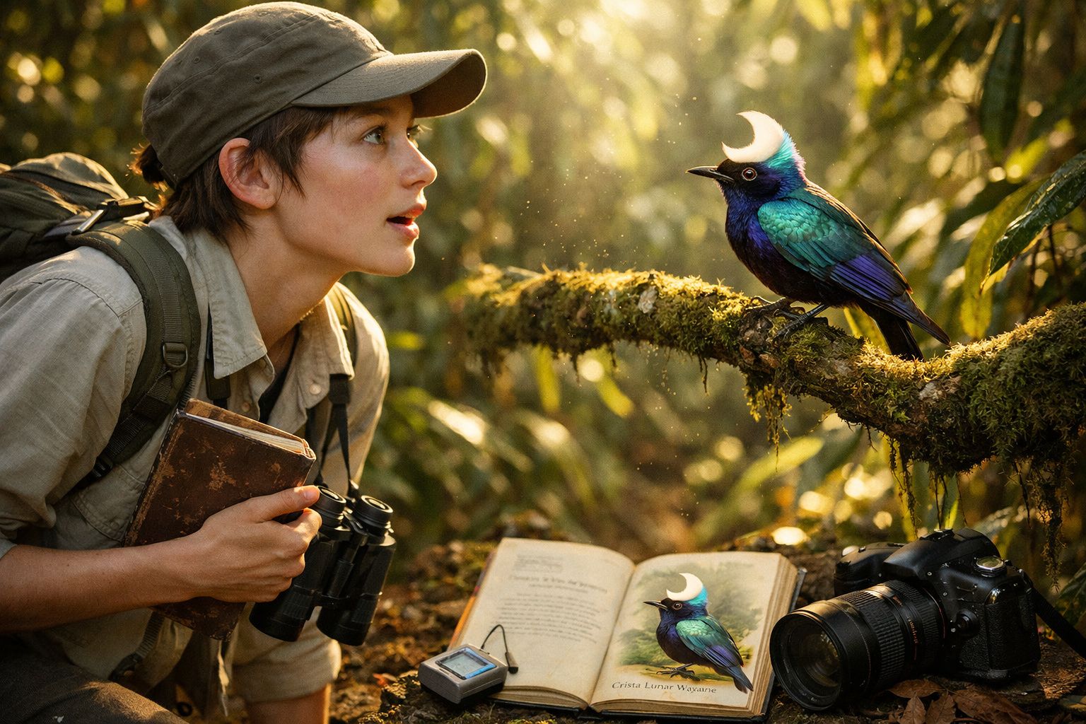 Pessoa com binóculos observa pássaro azul com crista branca numa floresta, com caderno de campo e máquina fotográfica.