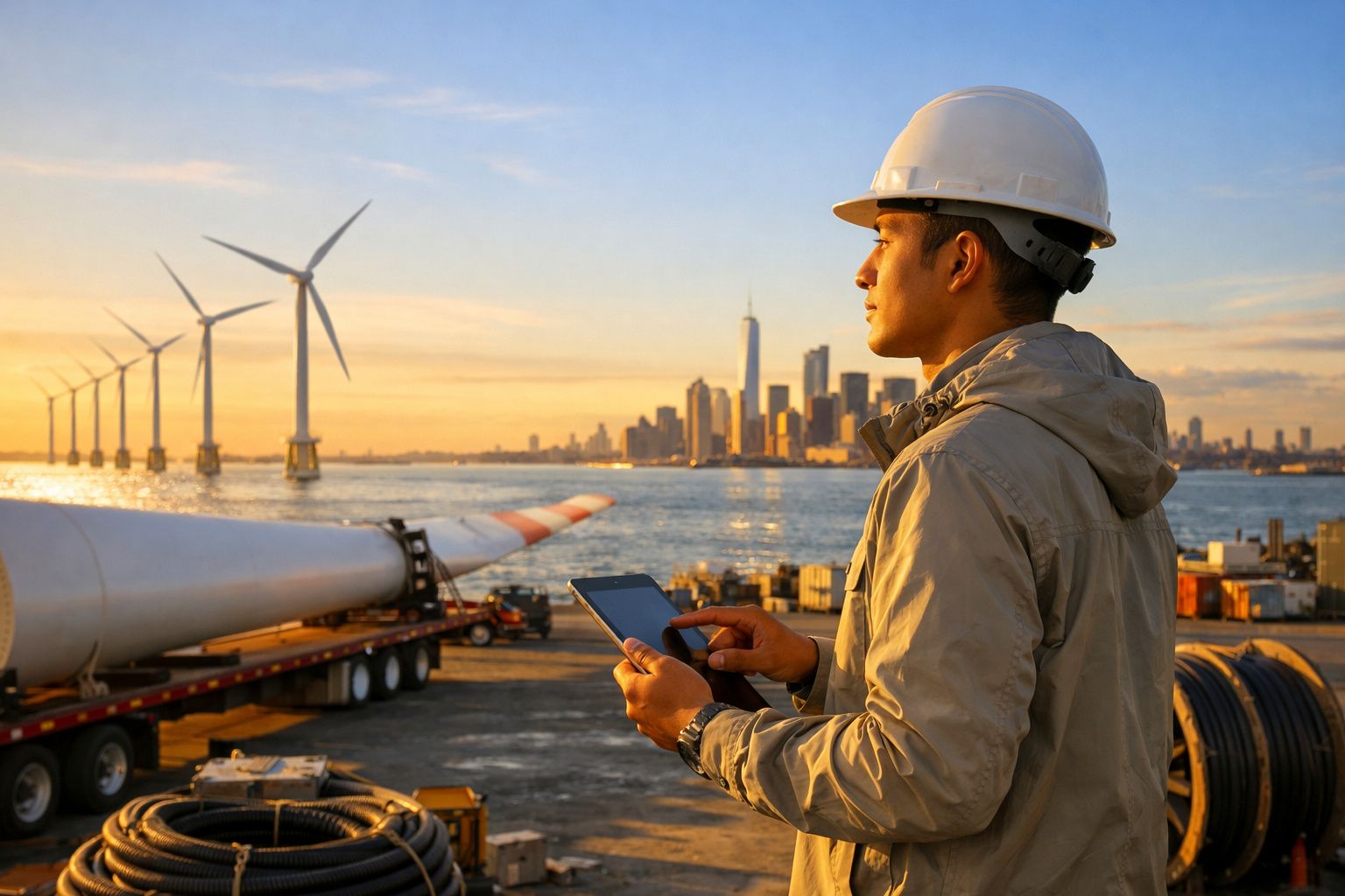 Engenheiro com capacete a usar tablet perto de turbinas eólicas à beira-mar ao pôr do sol.